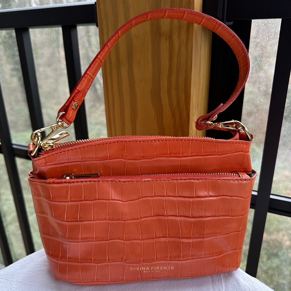 Downtown Romantic EuroSummer Italian Croc Embossed Orange Leather 2-Handle Bag